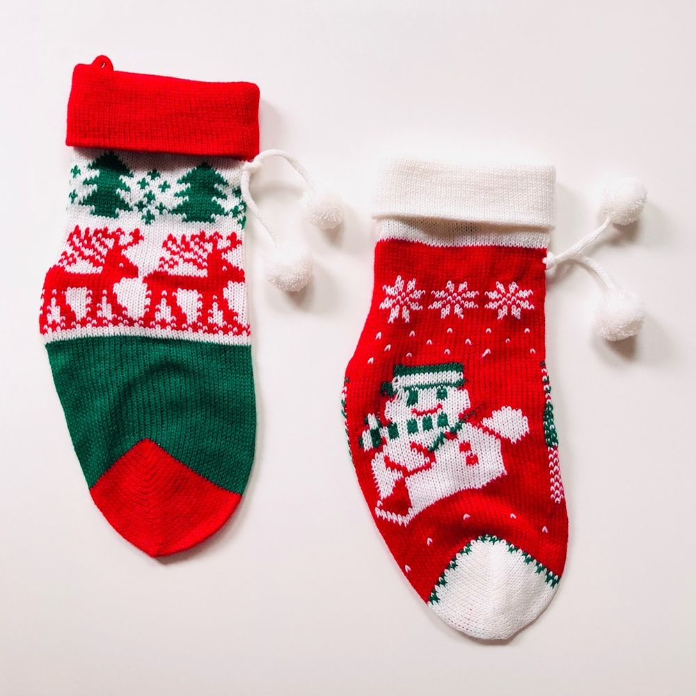 Vintage Set of 2 Small Christmas Stockings Snowman & Reindeer with Pom poms